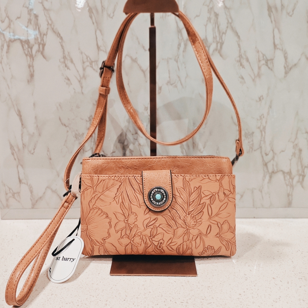 St Barry Tan Floral Crossbody Bag NWT